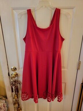 Women’s Red Sleeveless Fit-and-Flare Dress with Laser-Cut Hem